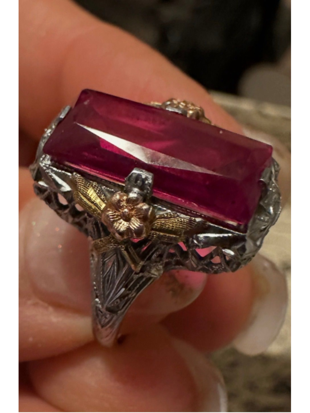 1930’s gothic art deco Arnold & Steere 10k white gold filigree created ruby